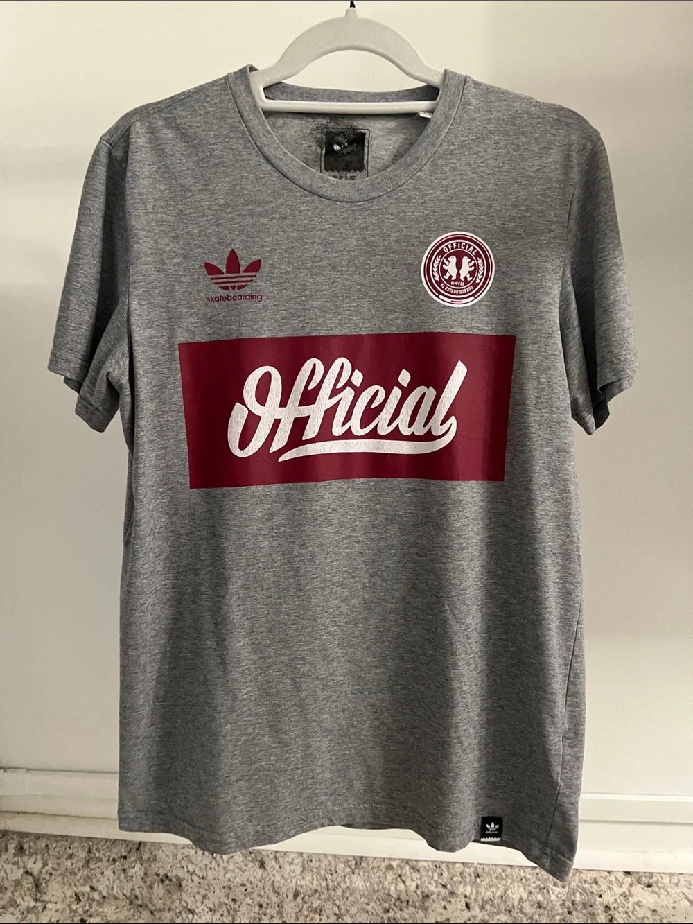 adidas Grey Skateboarding Tee with Maroon 'Official' Graphic